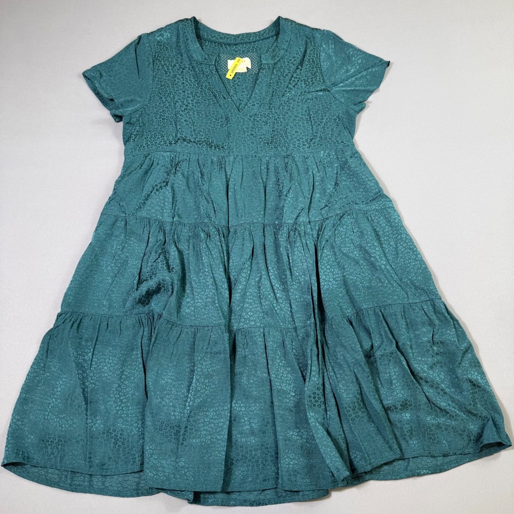 Maeve Sacha Tiered Tunic Dress Womens Small P Teal Animal Jacquard V-Neck Boho
